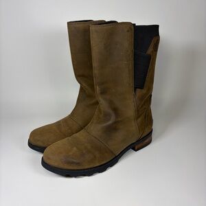 Sorel Emelie Mid Calf Waterproof Leather Boots Slip On Brown/Black Womens 9.5